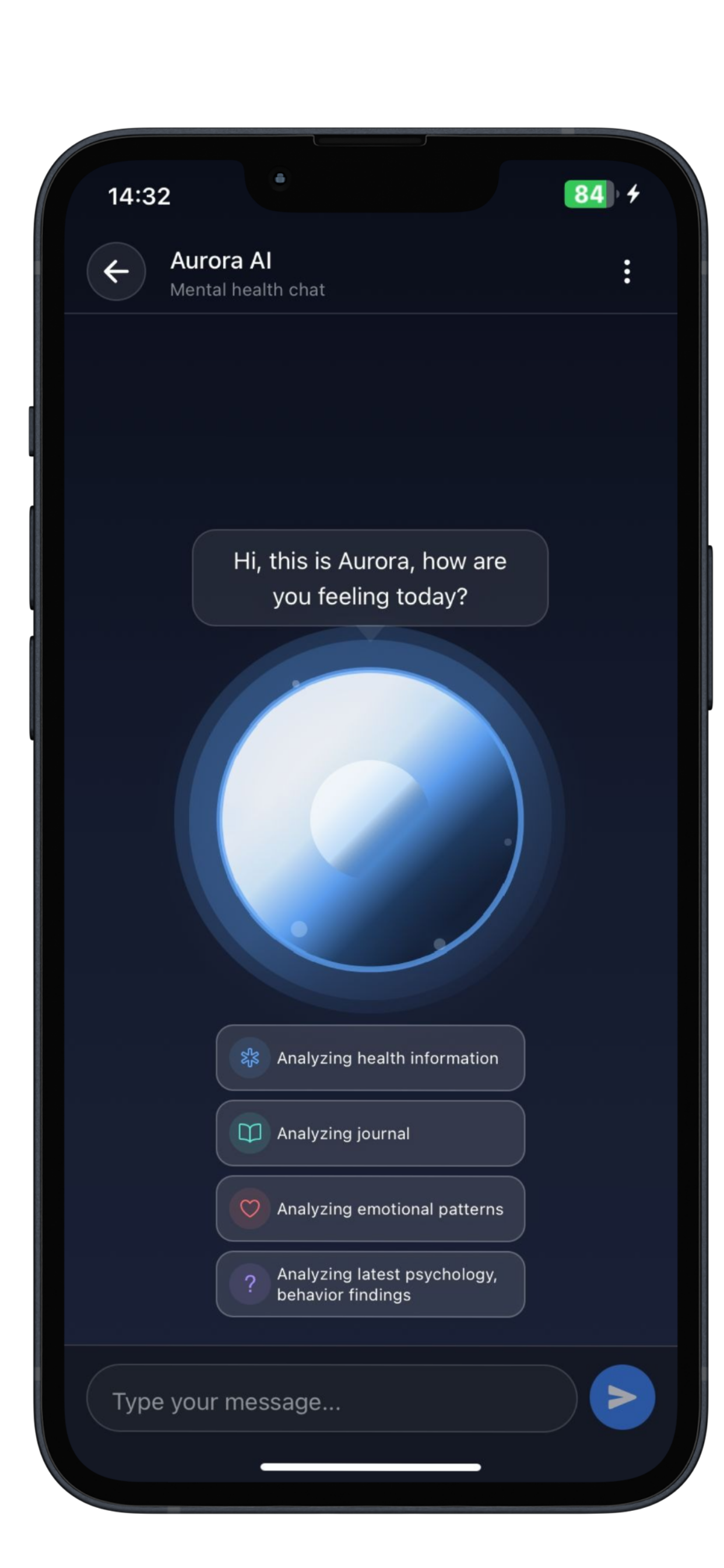 Aurora AI chat screen — 'Hi, this is Aurora, how are you feeling today?'