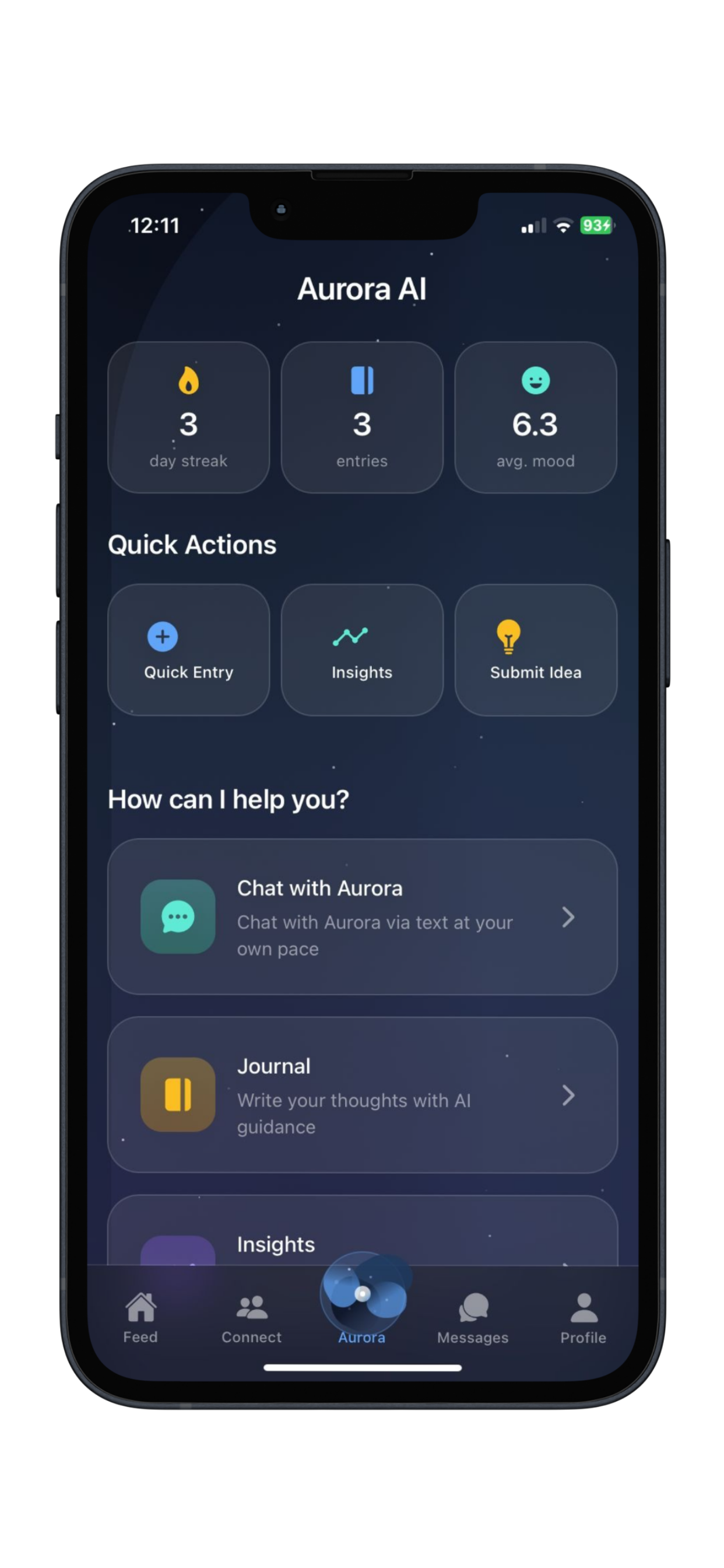 Aurora AI home screen with mood streak, quick actions, and chat options