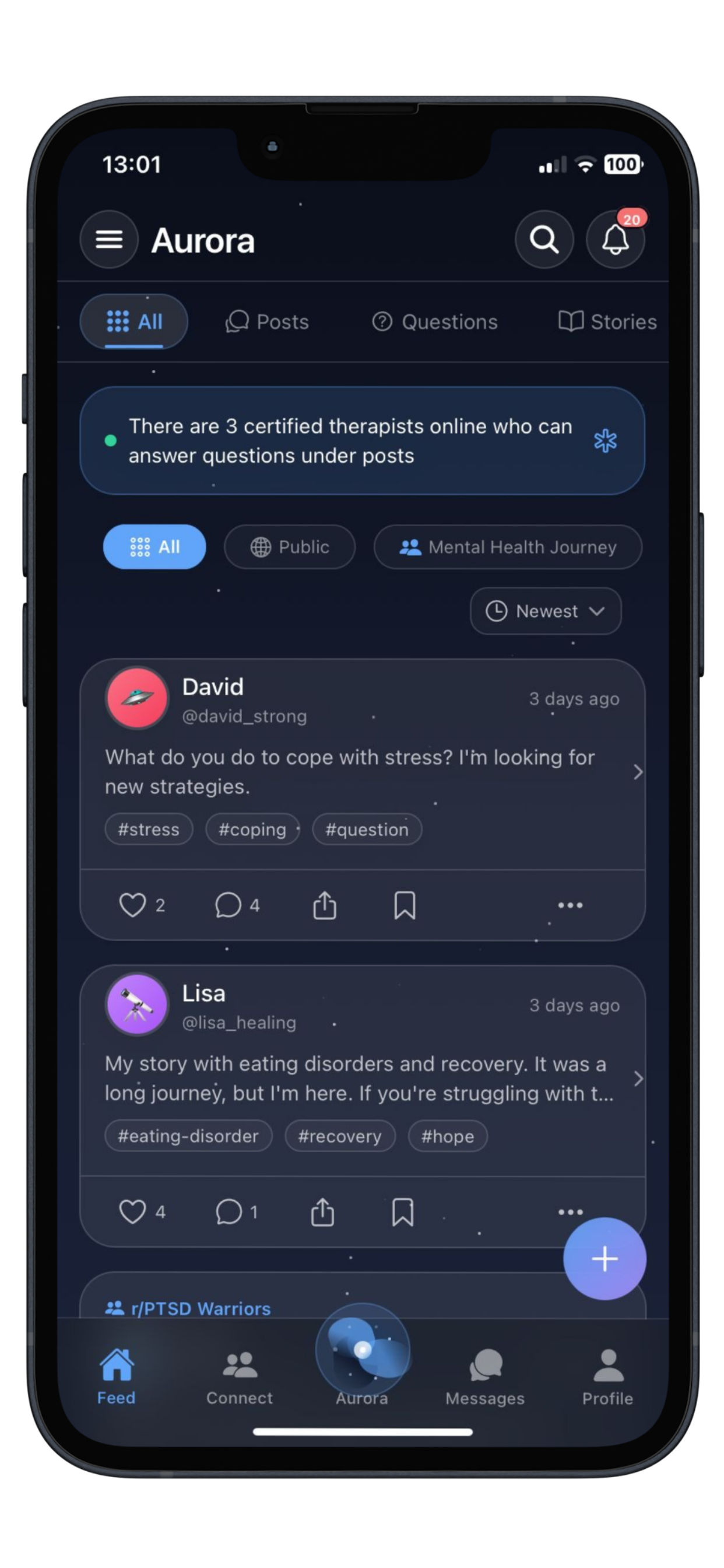 Aurora community feed with posts and topic groups