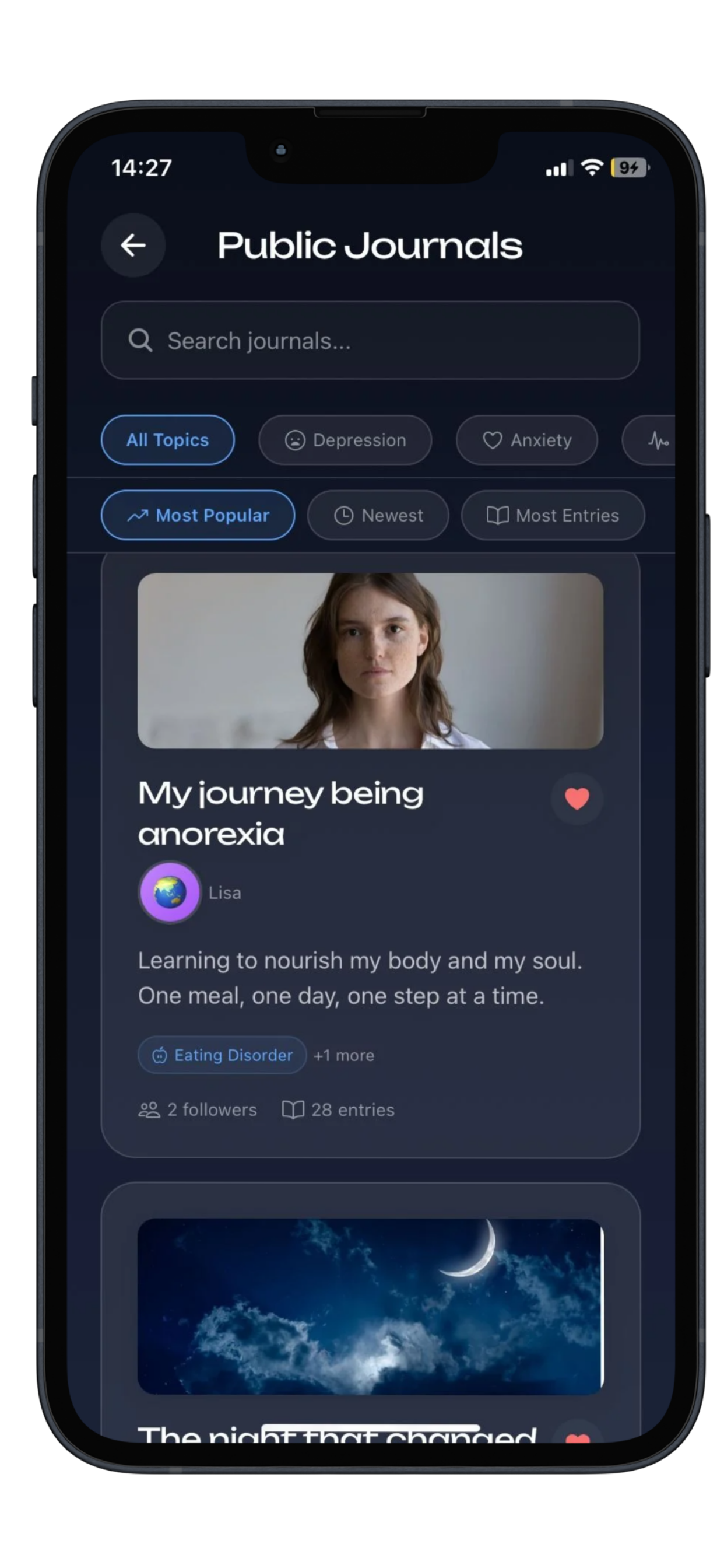 Aurora public journals with topics, mood tracking, and stories