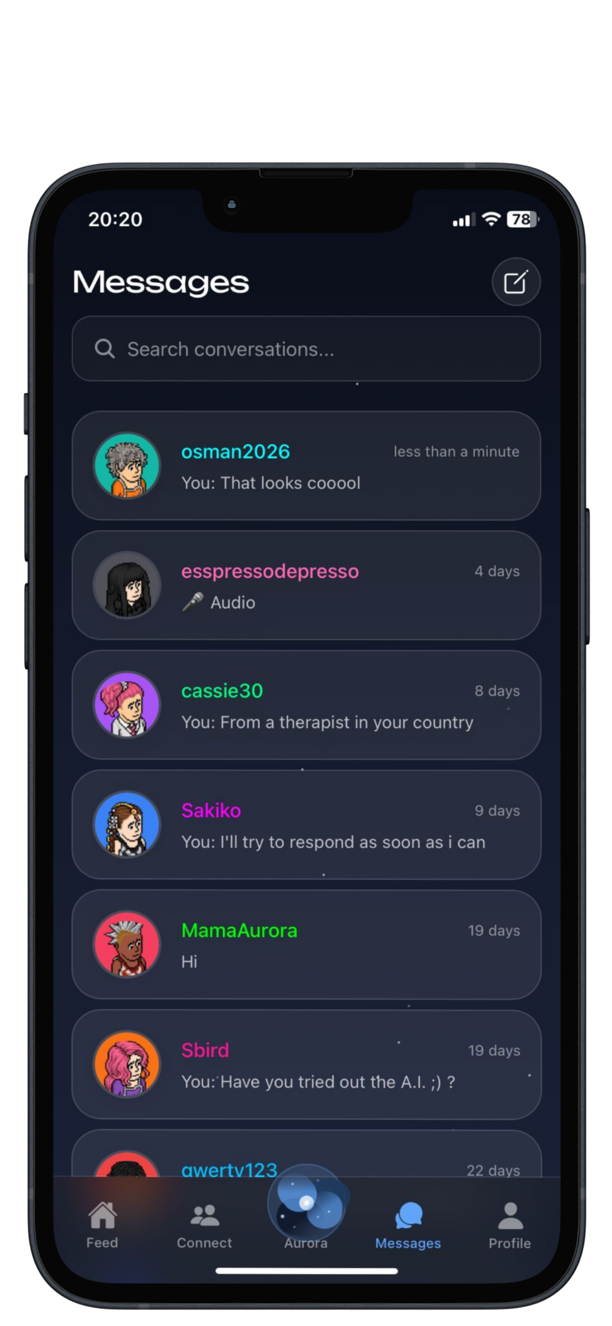 Aurora direct messages list